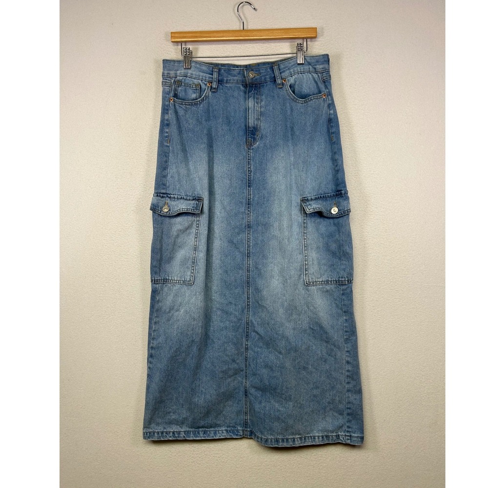 Y2K Utility Rewash Women 30 Blue Denim Cargo Maxi Skirt Back Slit Pocketed 31W